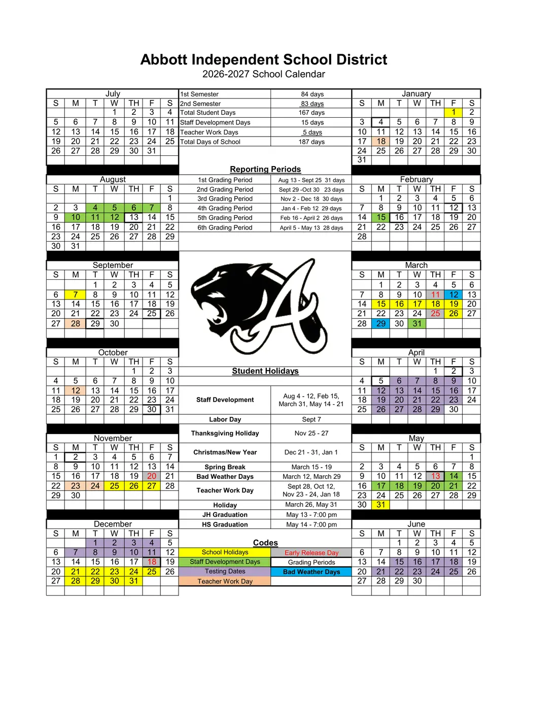 Abbott ISD 2026–2027 academic calendar