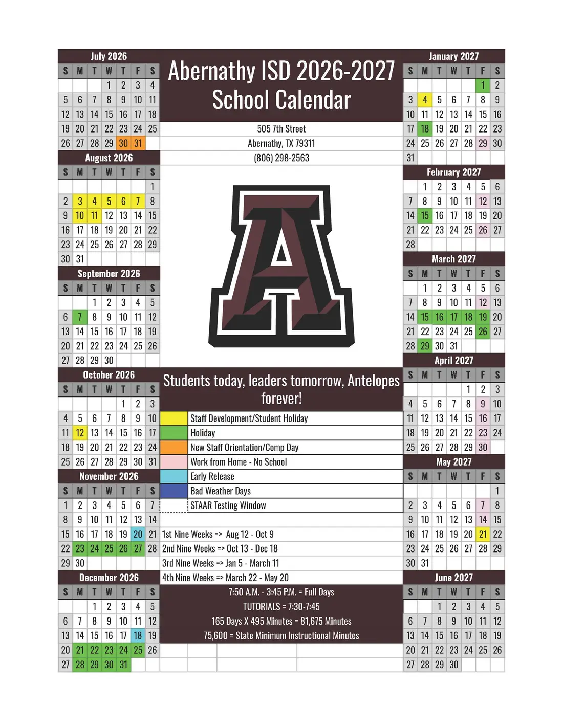 Abernathy ISD 2026–2027 academic calendar
