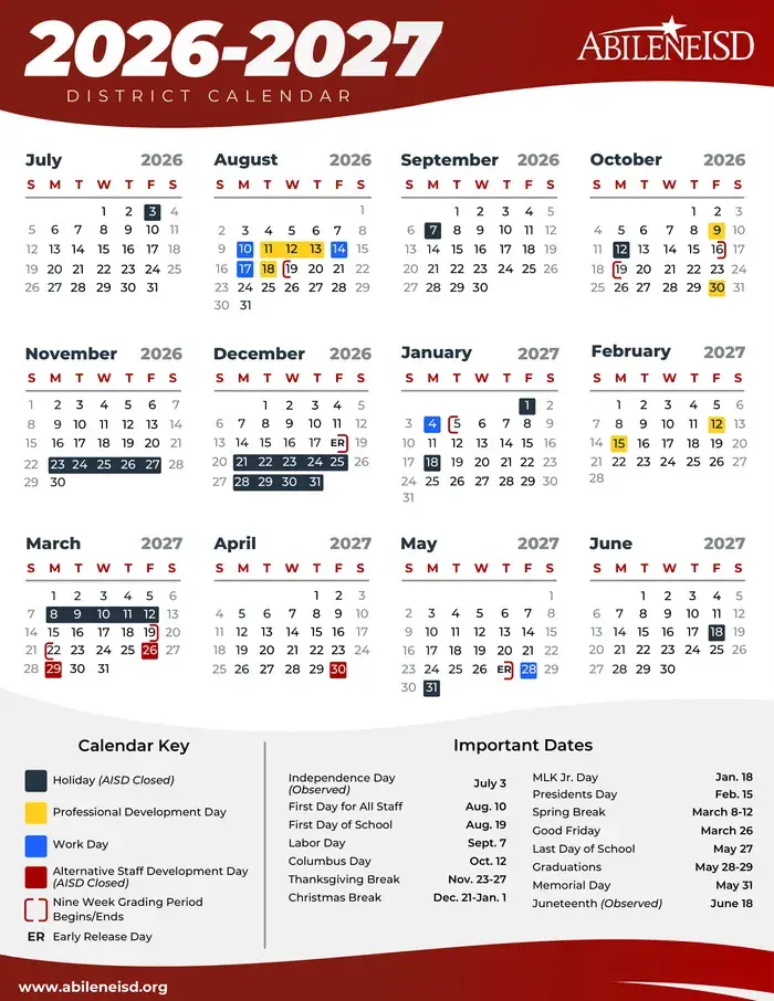 Abilene ISD 2026–2027 academic calendar