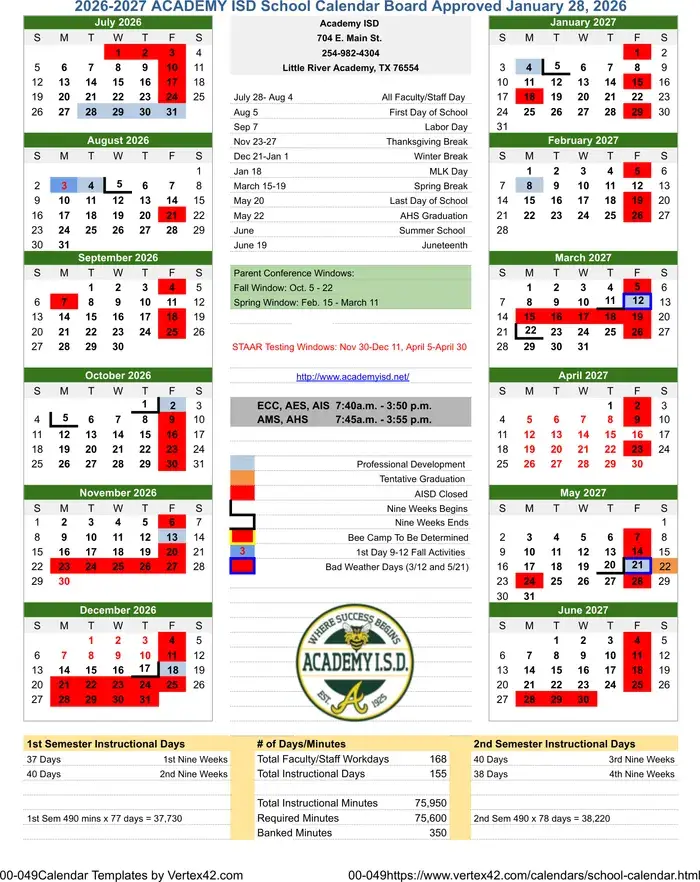 Academy ISD 2026–2027 academic calendar