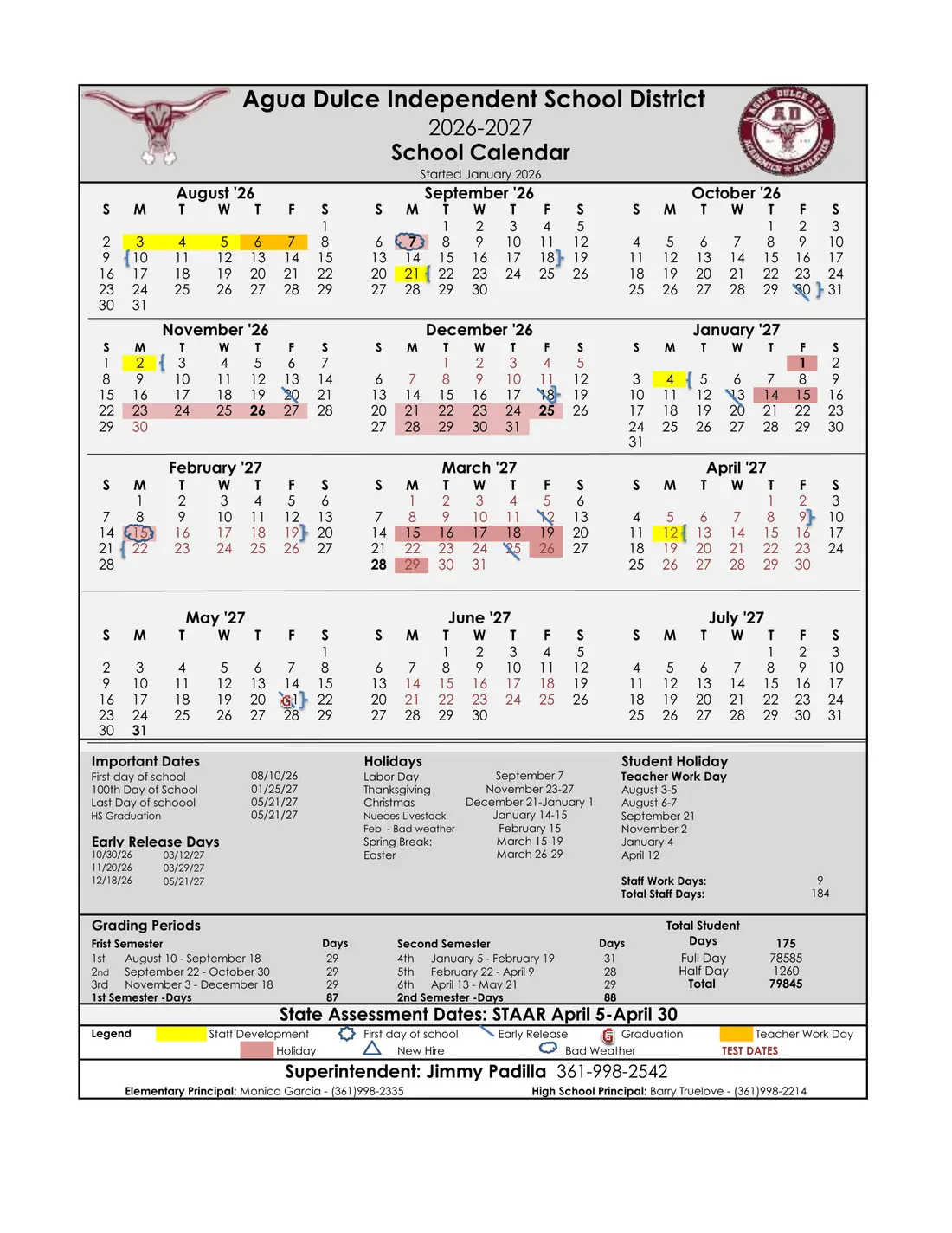 Agua Dulce ISD 2026–2027 academic calendar