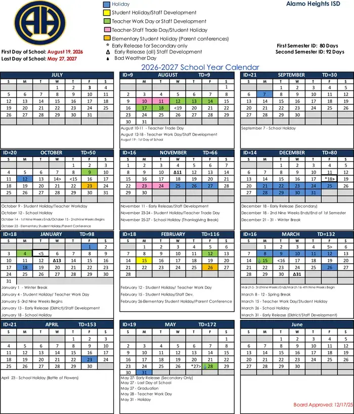 Alamo Heights ISD 2026–2027 academic calendar