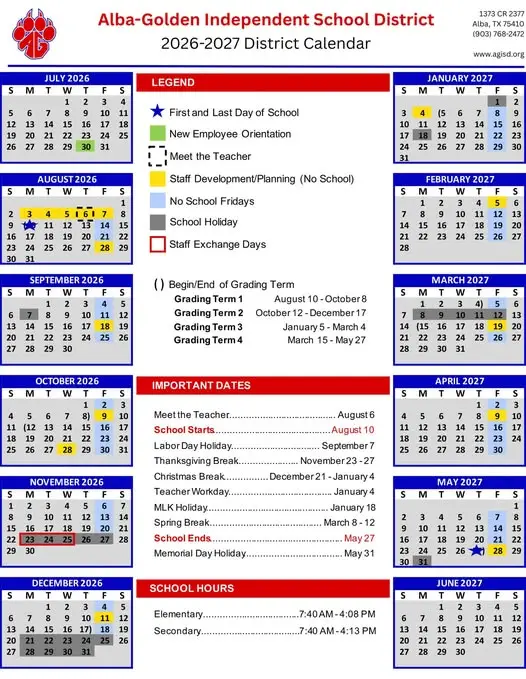 Alba-golden ISD 2026–2027 academic calendar