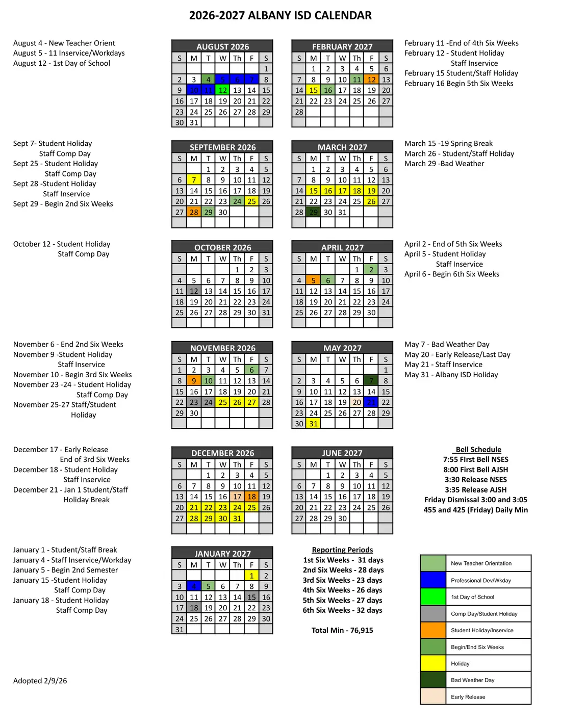 Albany ISD 2026–2027 academic calendar