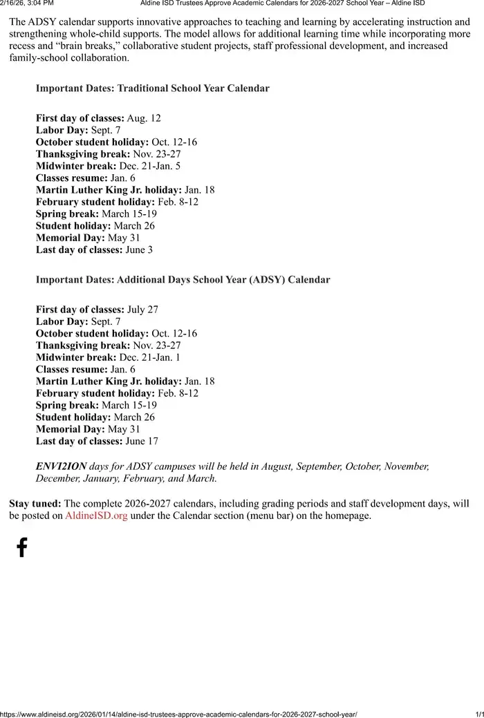 Aldine ISD 2026–2027 academic calendar