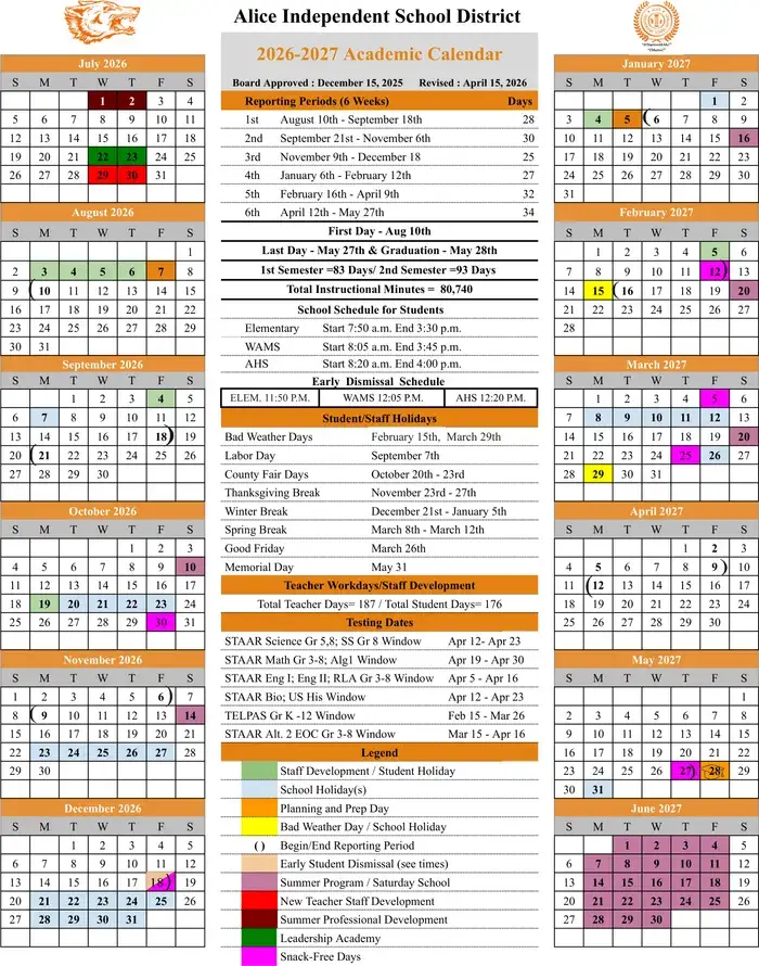Alice ISD 2026–2027 academic calendar