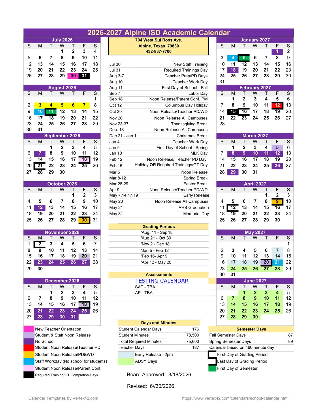 Alpine ISD 2026–2027 academic calendar