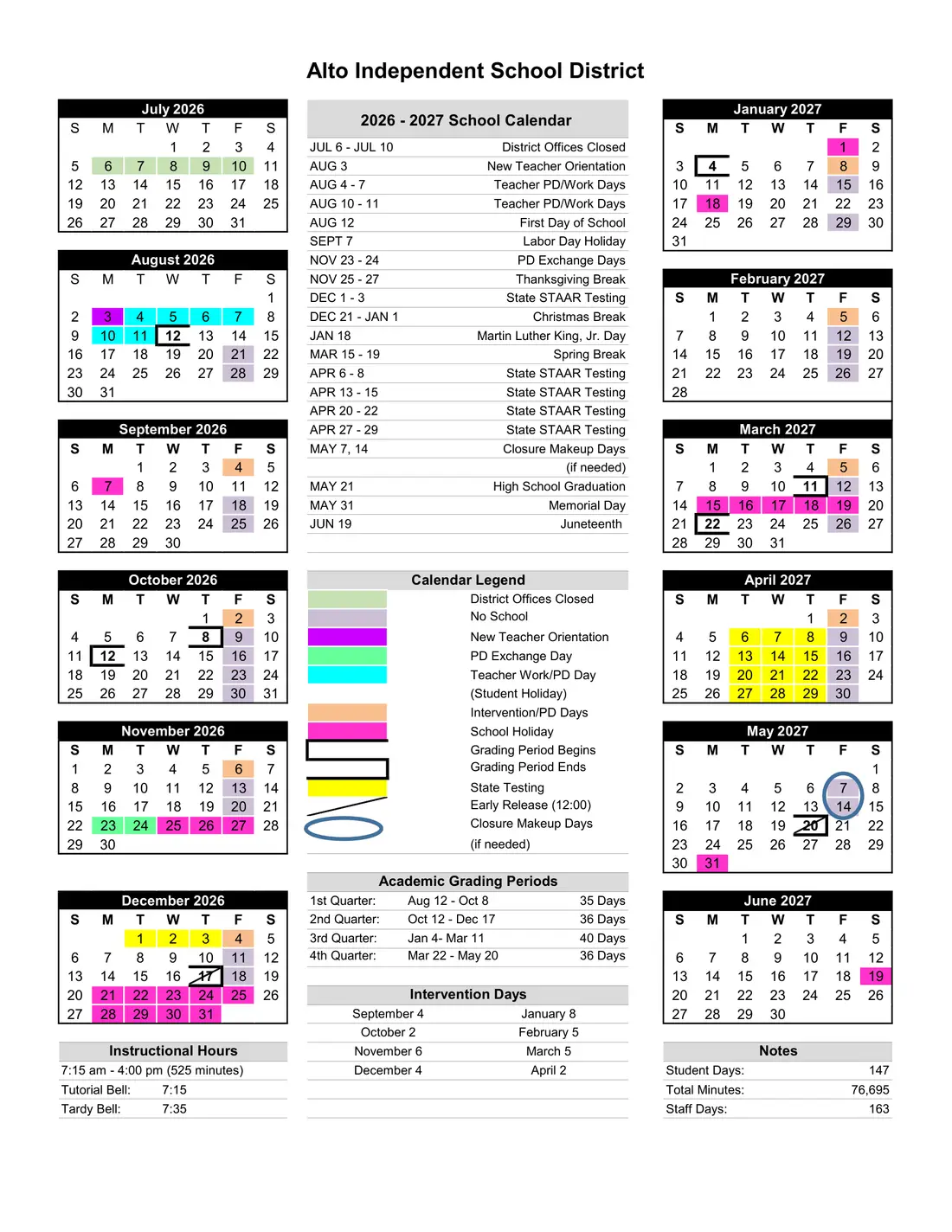 Alto ISD 2026–2027 academic calendar
