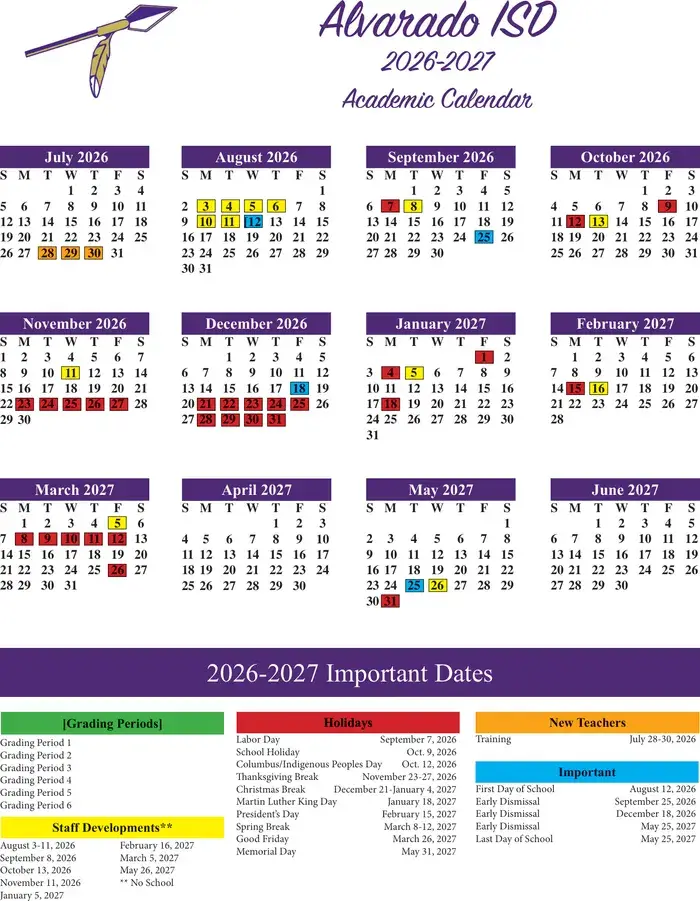 Alvarado ISD 2026–2027 academic calendar