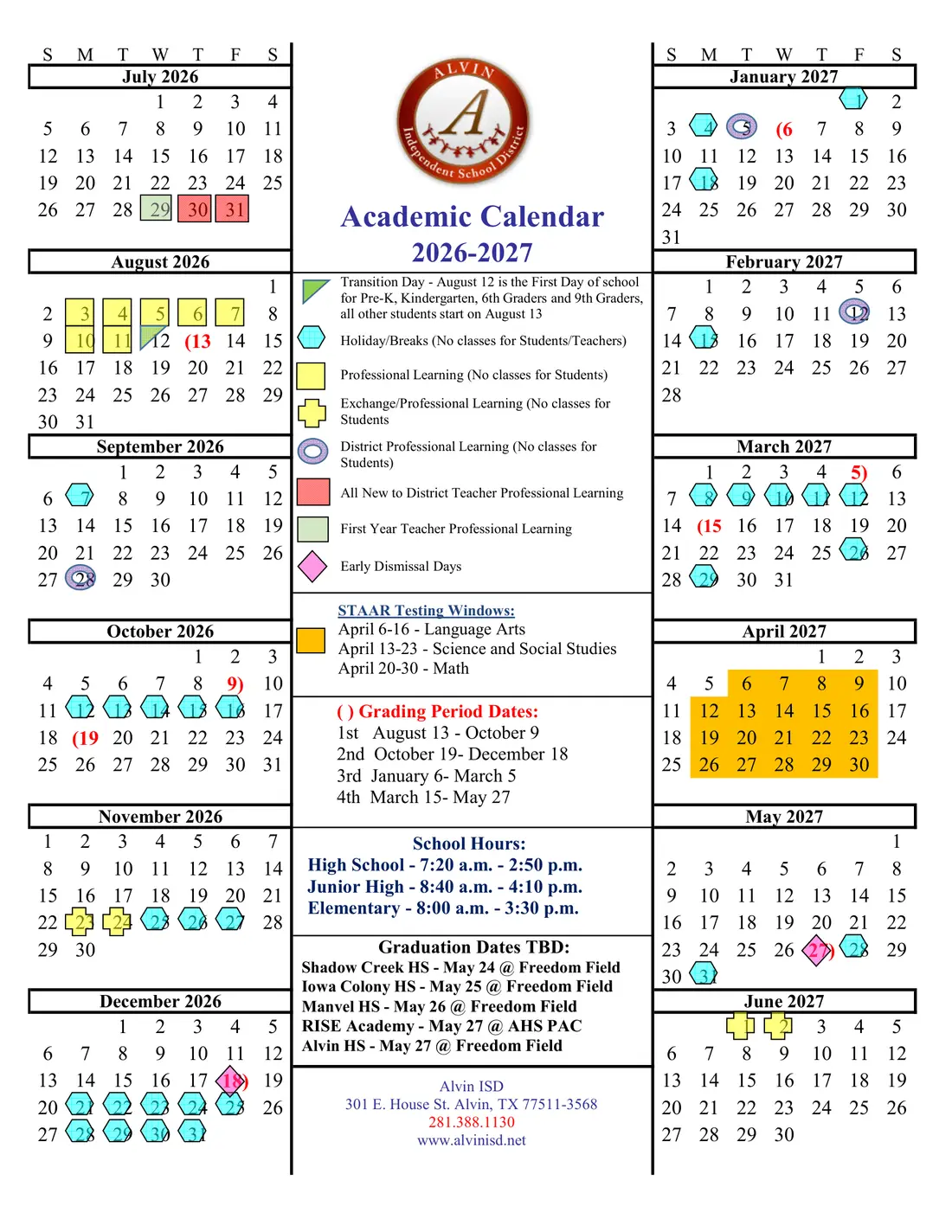Alvin ISD 2026–2027 academic calendar
