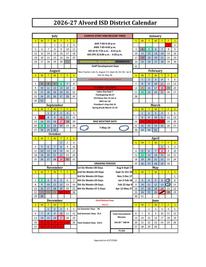 Alvord ISD 2026–2027 academic calendar