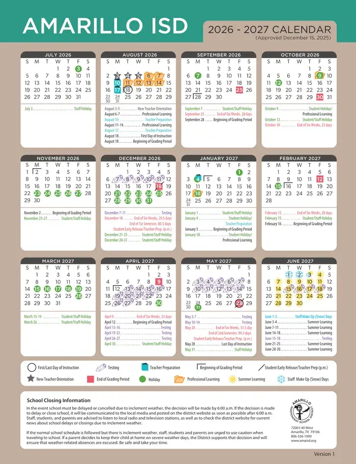 Amarillo ISD 2026–2027 academic calendar
