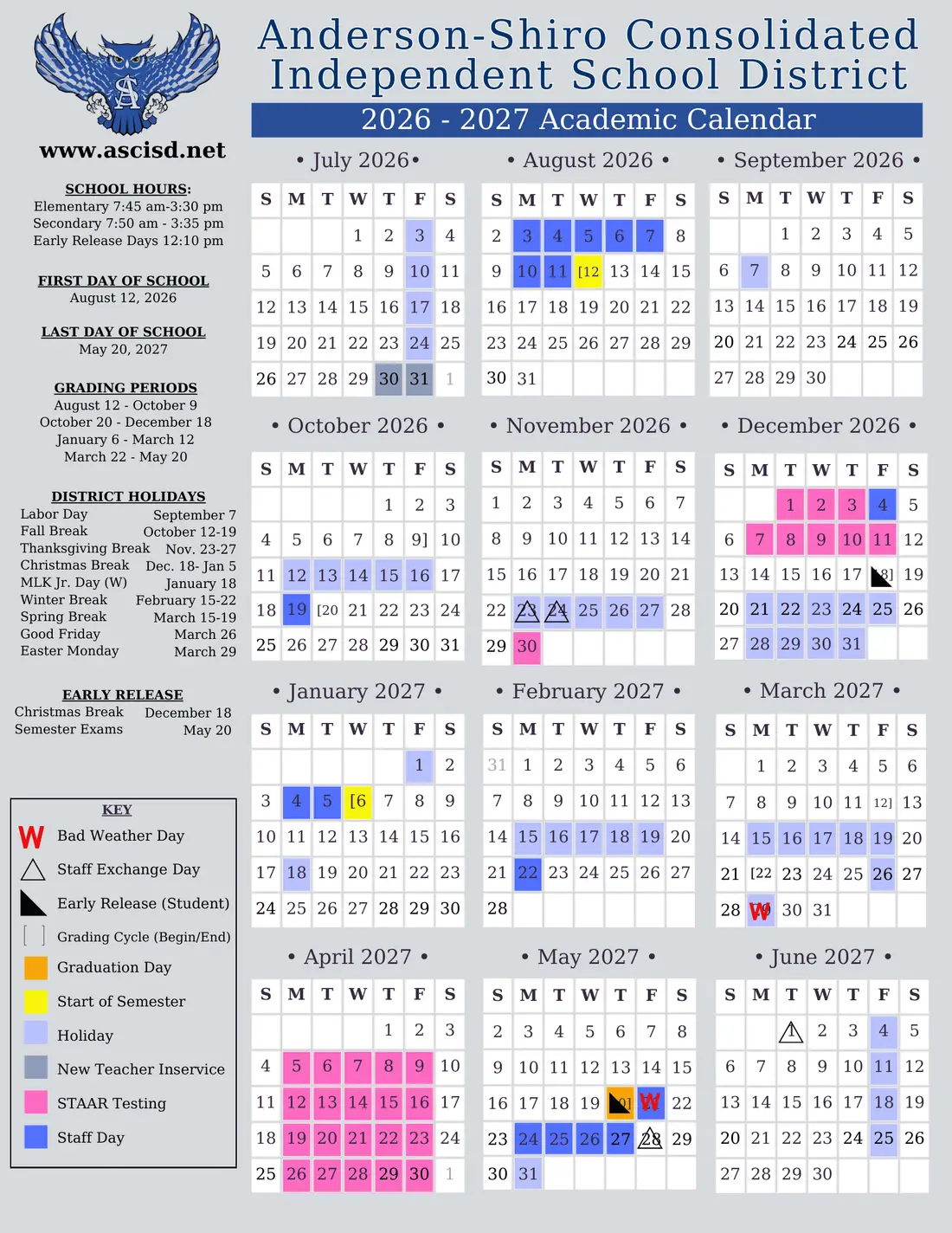Anderson-shiro CISD 2026–2027 academic calendar