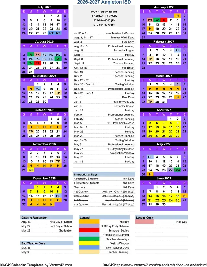 Angleton ISD 2026–2027 academic calendar