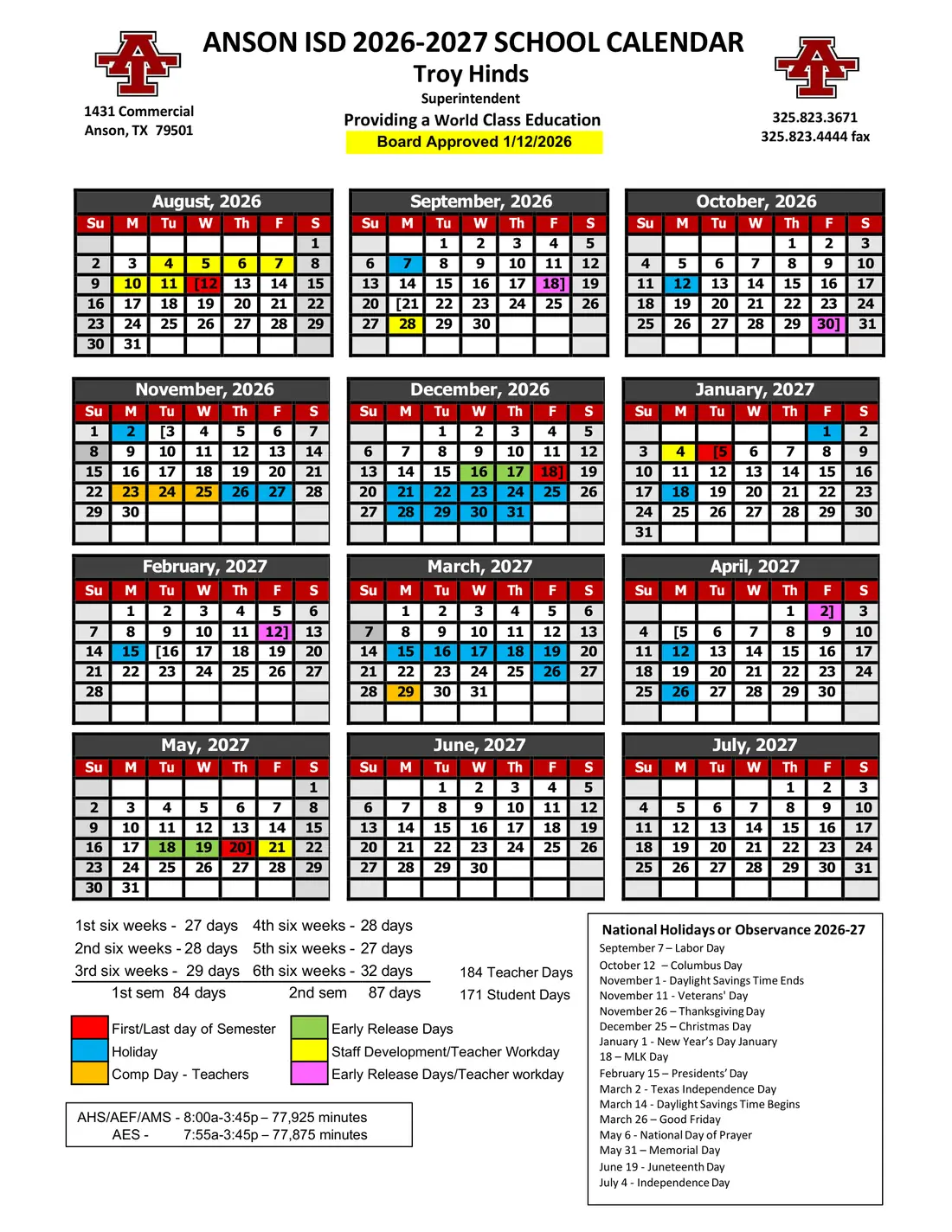 Anson ISD 2026–2027 academic calendar