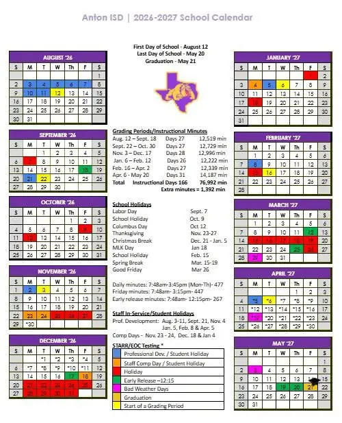 Anton ISD 2026–2027 academic calendar