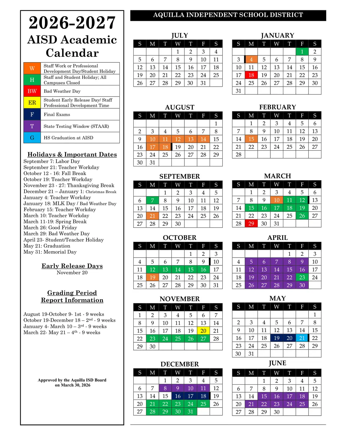 Aquilla ISD 2026–2027 academic calendar