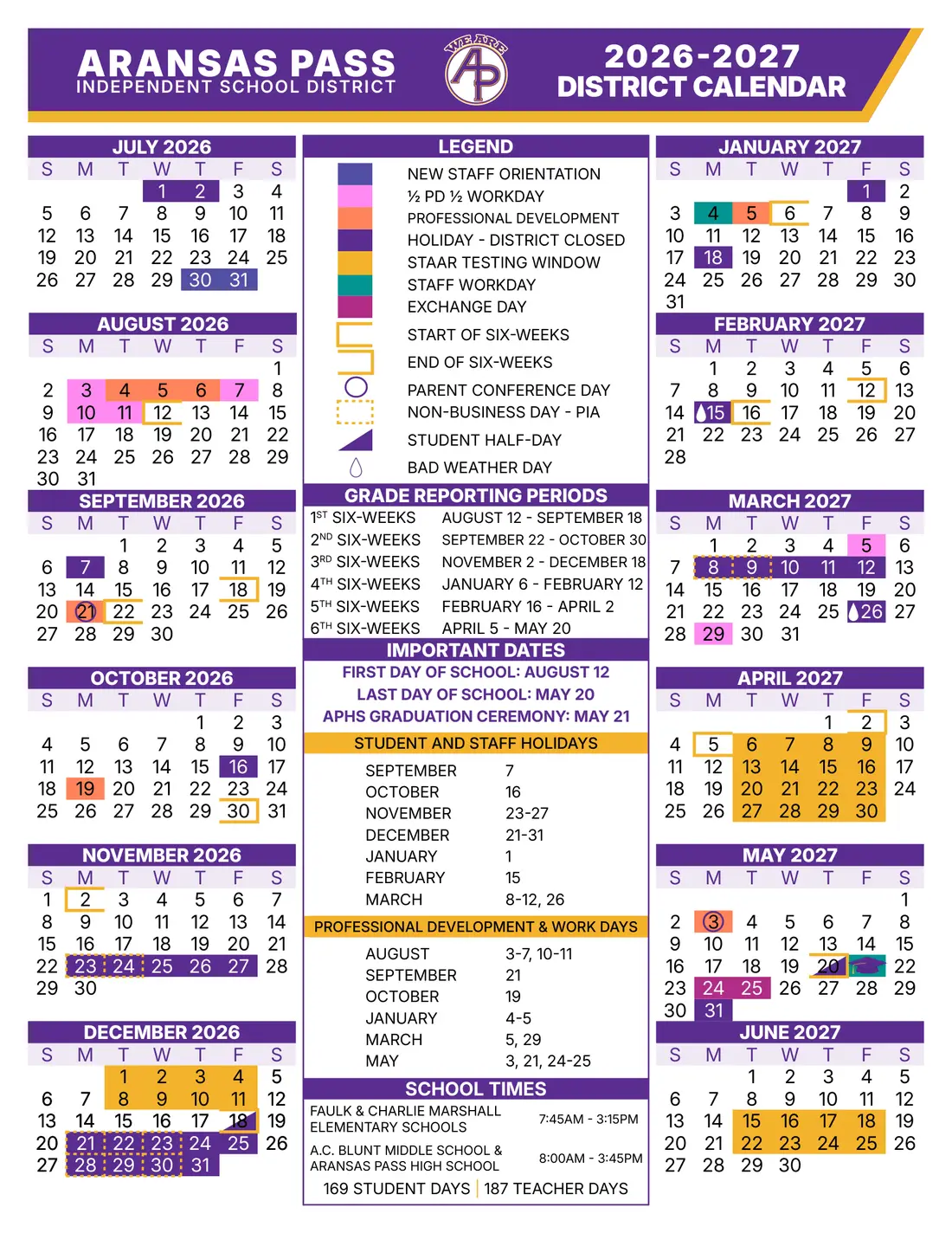 Aransas Pass ISD 2026–2027 academic calendar