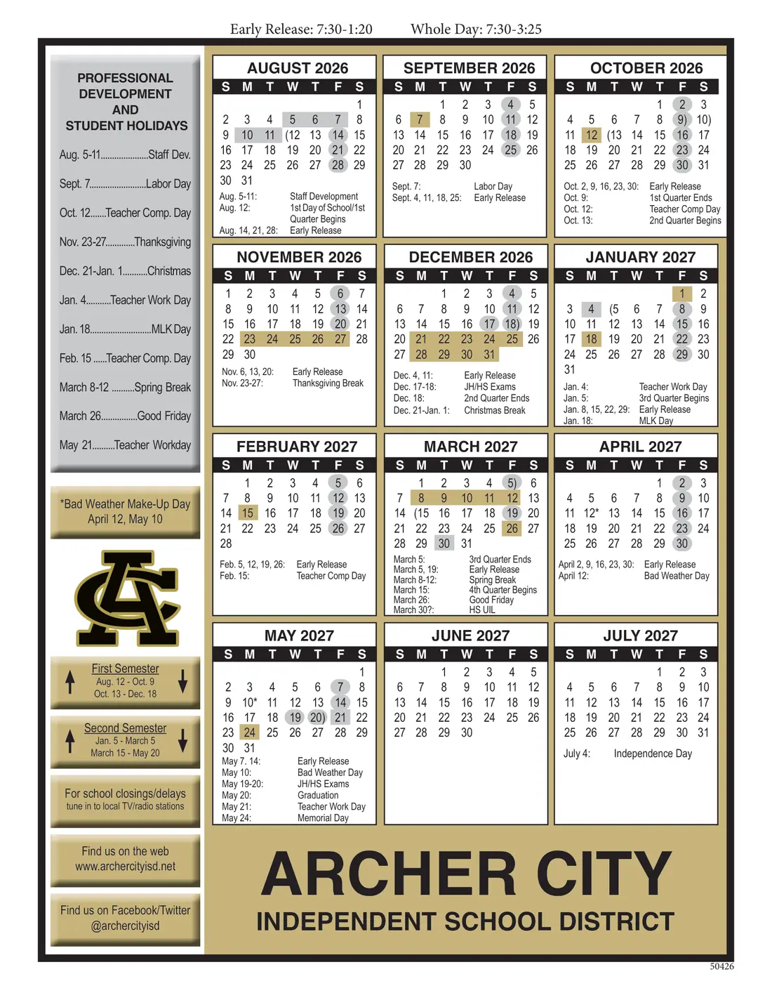 Archer City ISD 2026–2027 academic calendar