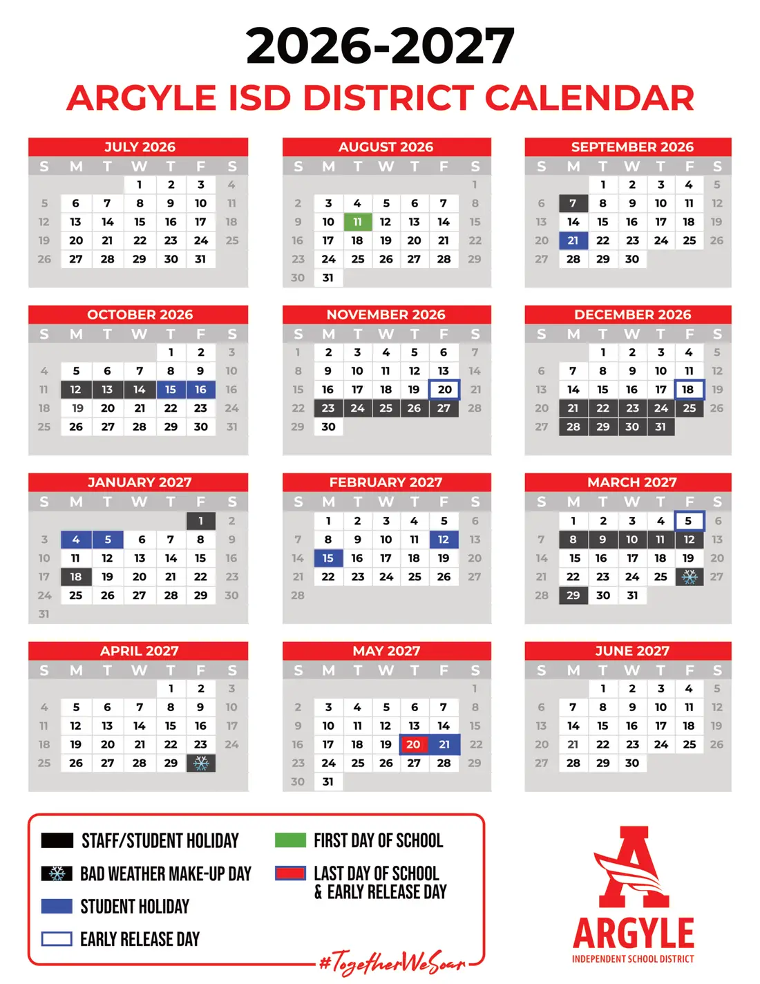 Argyle ISD 2026–2027 academic calendar