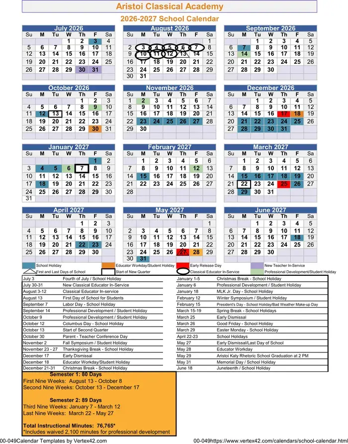Aristoi Classical Academy 2026–2027 academic calendar