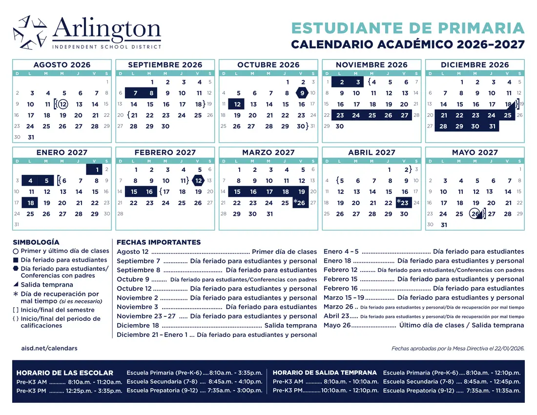 Arlington ISD 2026–2027 academic calendar