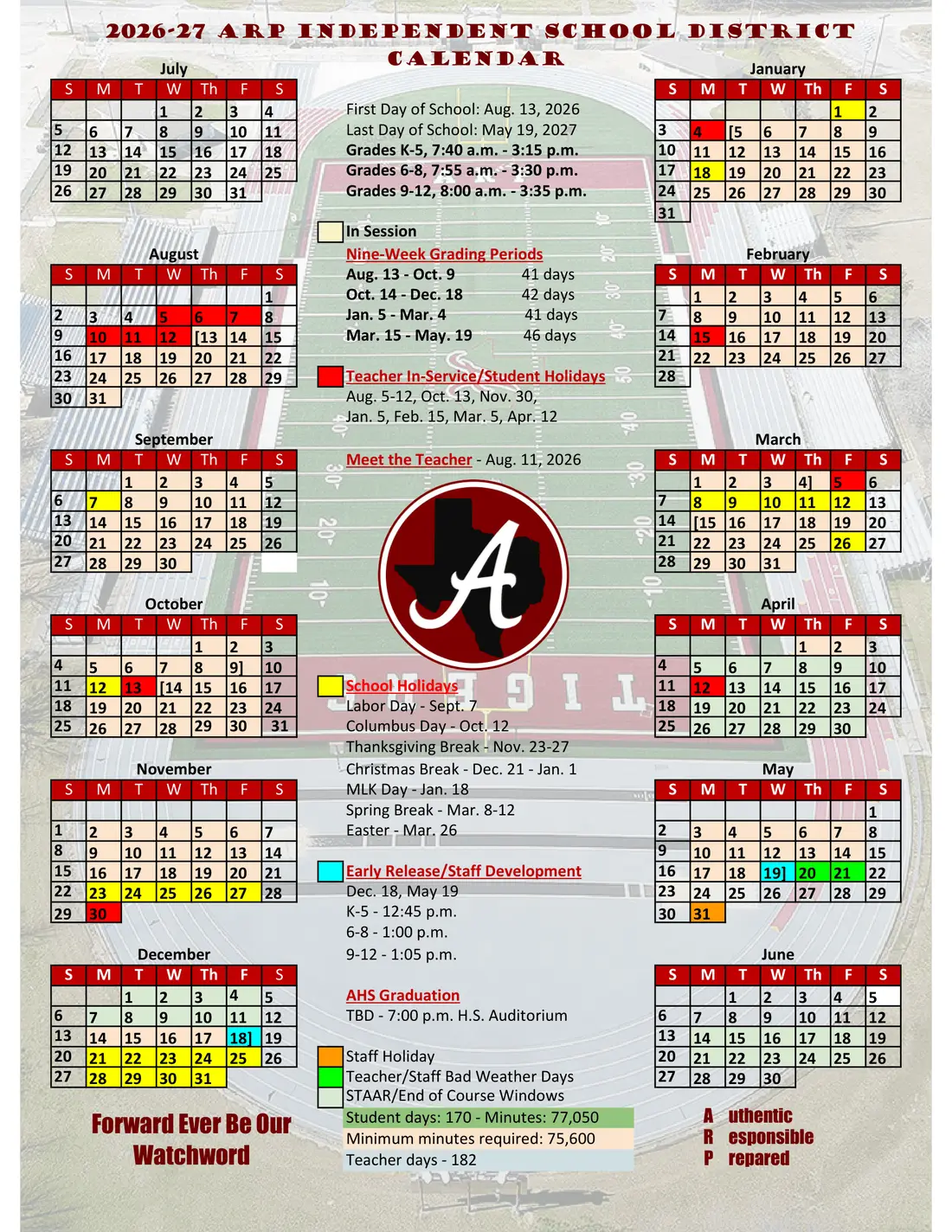 Arp ISD 2026–2027 academic calendar