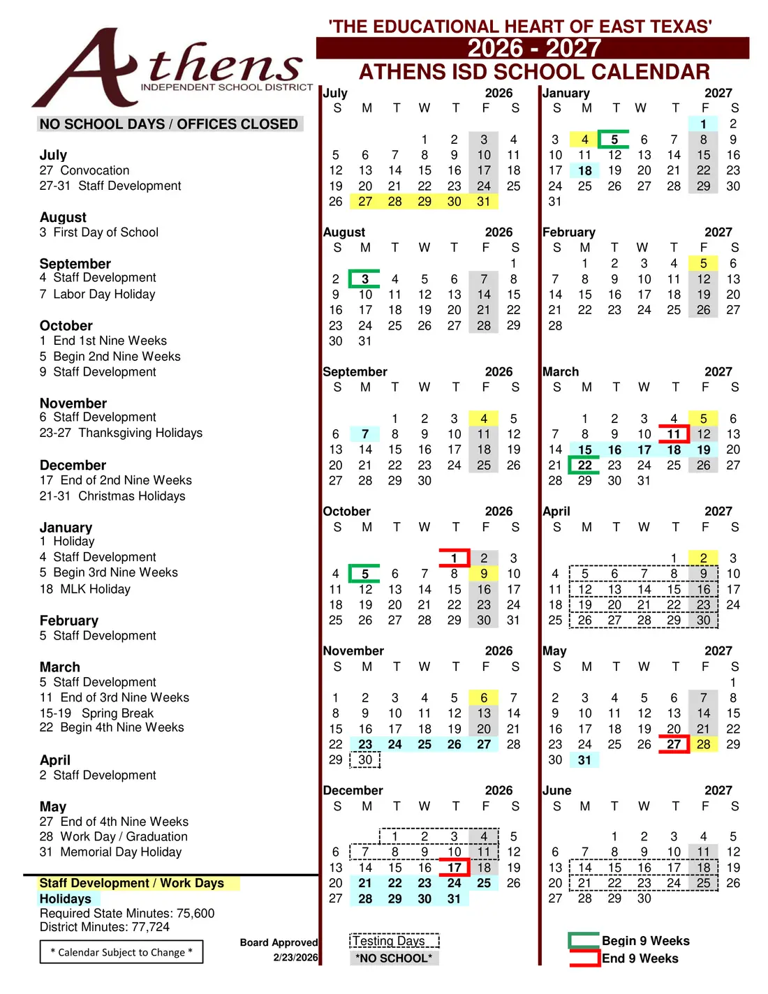 Athens ISD 2026–2027 academic calendar