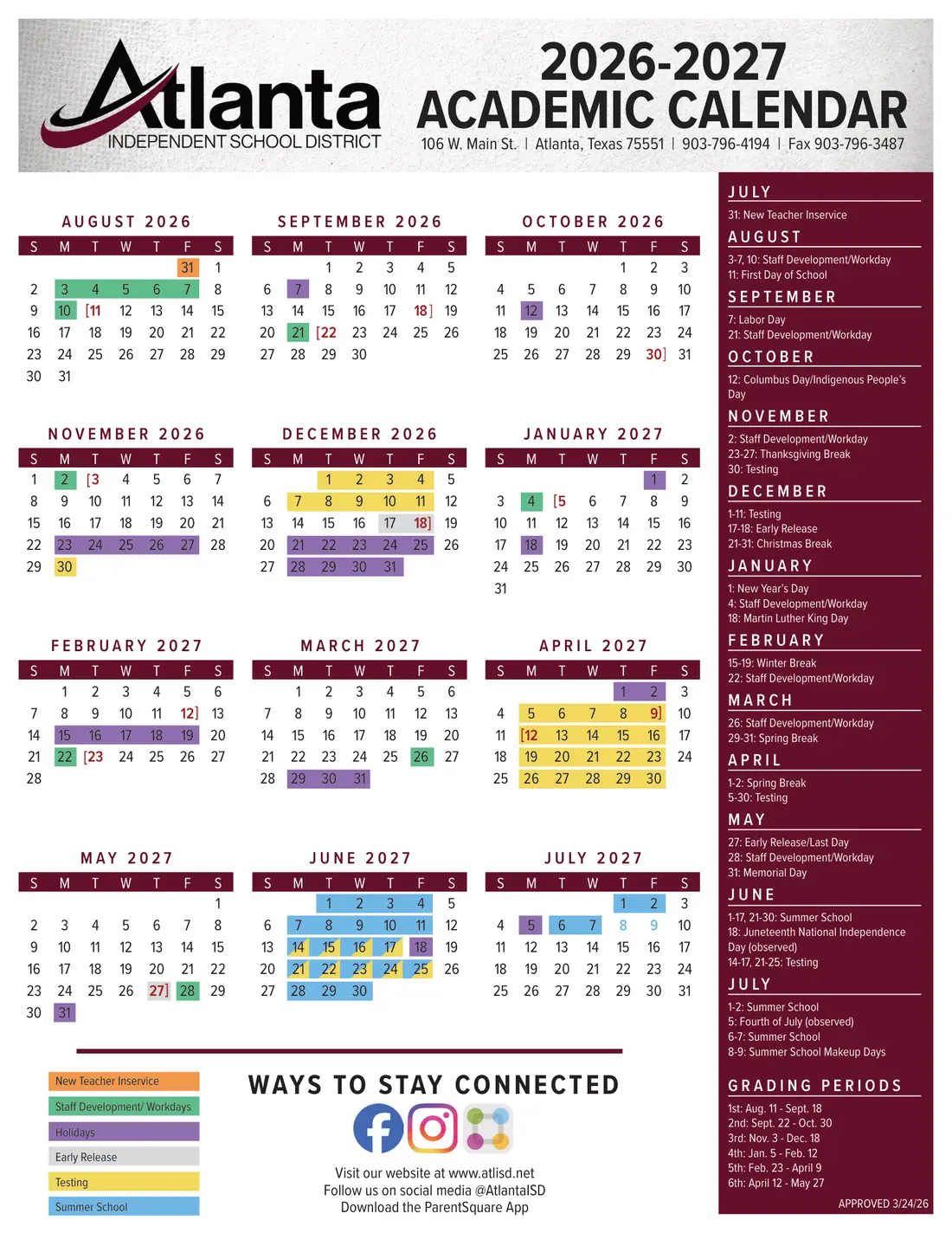 Atlanta ISD 2026–2027 academic calendar
