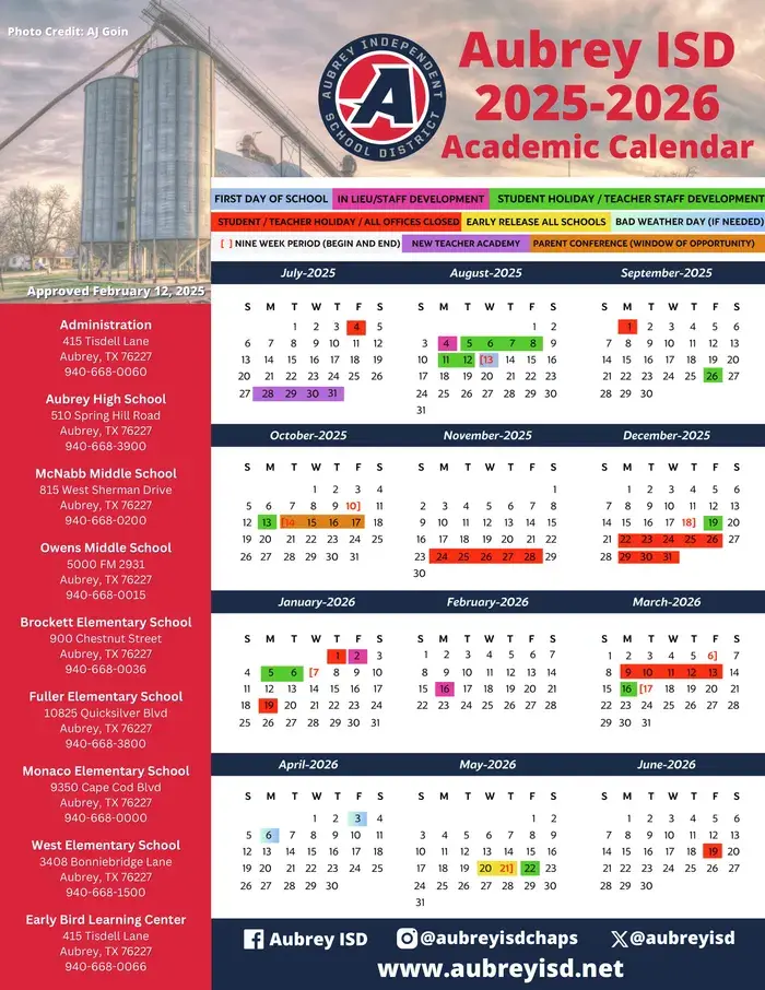 Aubrey ISD 2026–2027 academic calendar