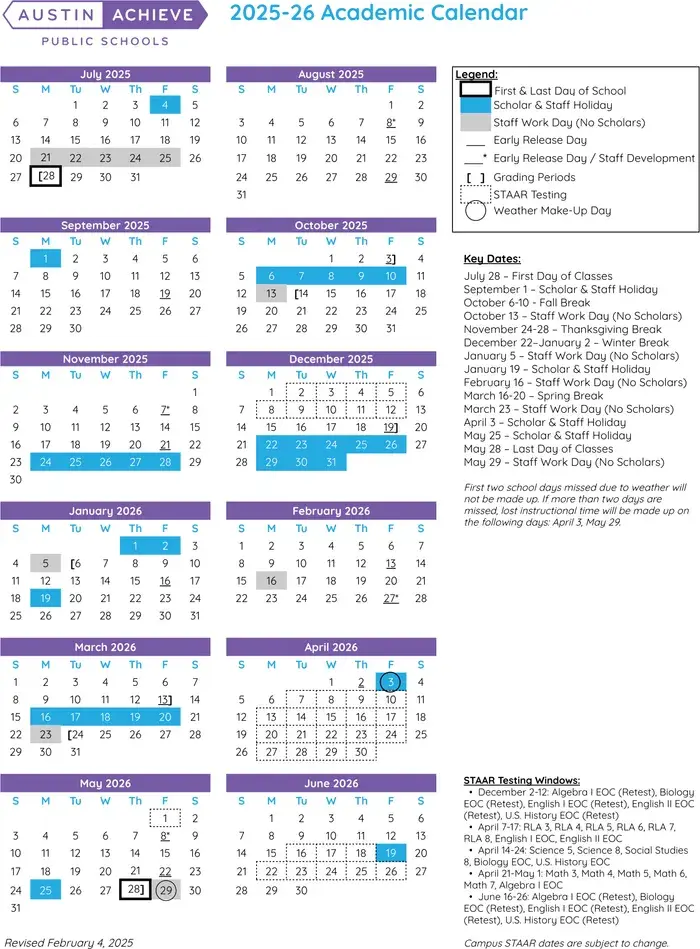 Austin Achieve Public Schools 2026–2027 academic calendar