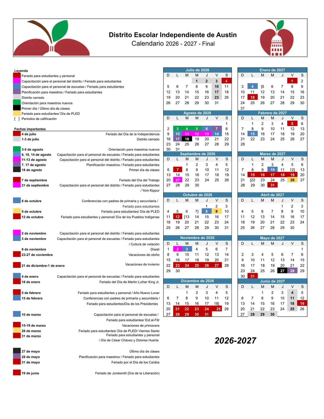 Austin ISD 2026–2027 academic calendar