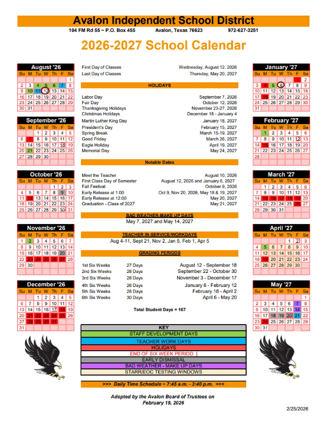Avalon ISD 2026–2027 academic calendar