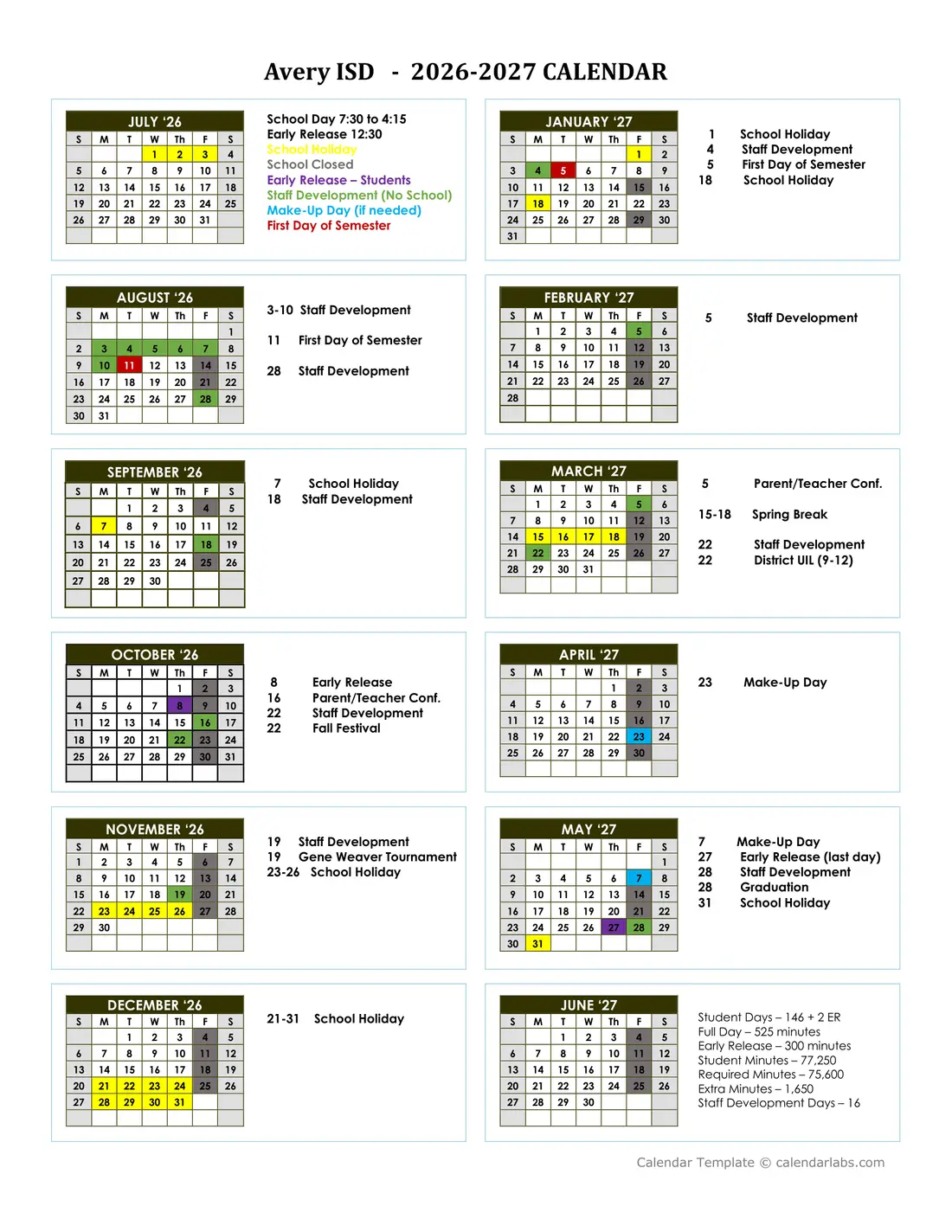 Avery ISD 2026–2027 academic calendar