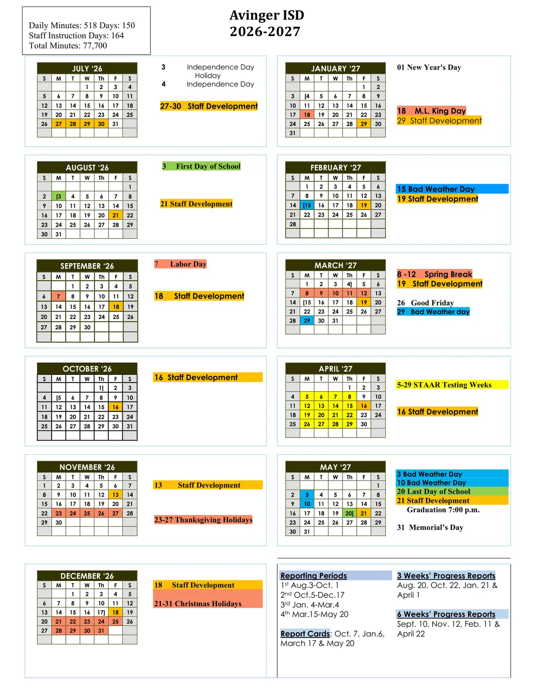 Avinger ISD 2026–2027 academic calendar