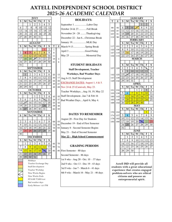 Axtell ISD 2026–2027 academic calendar