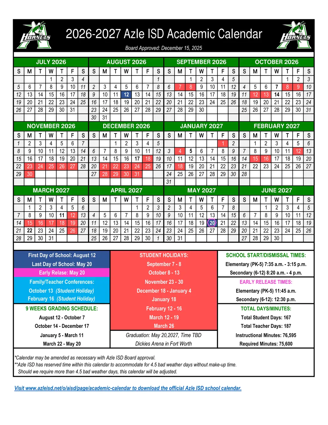 Azle ISD 2026–2027 academic calendar