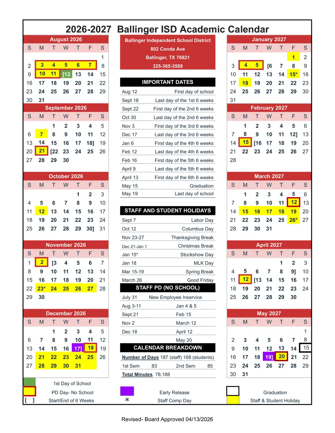 Ballinger ISD 2026–2027 academic calendar