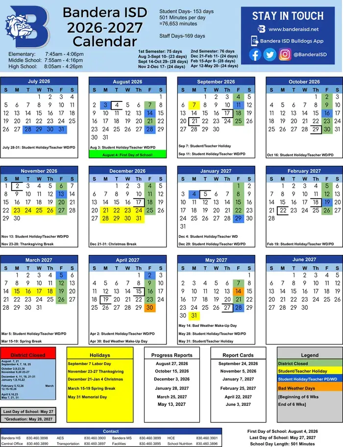 Bandera ISD 2026–2027 academic calendar