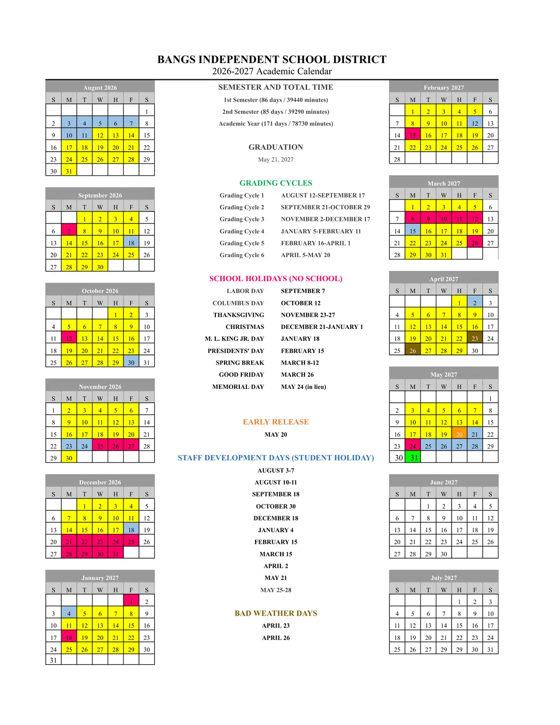 Bangs ISD 2026–2027 academic calendar