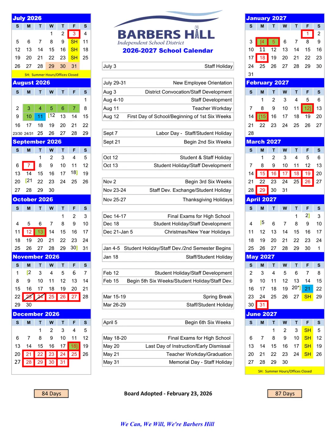 Barbers Hill ISD 2026–2027 academic calendar