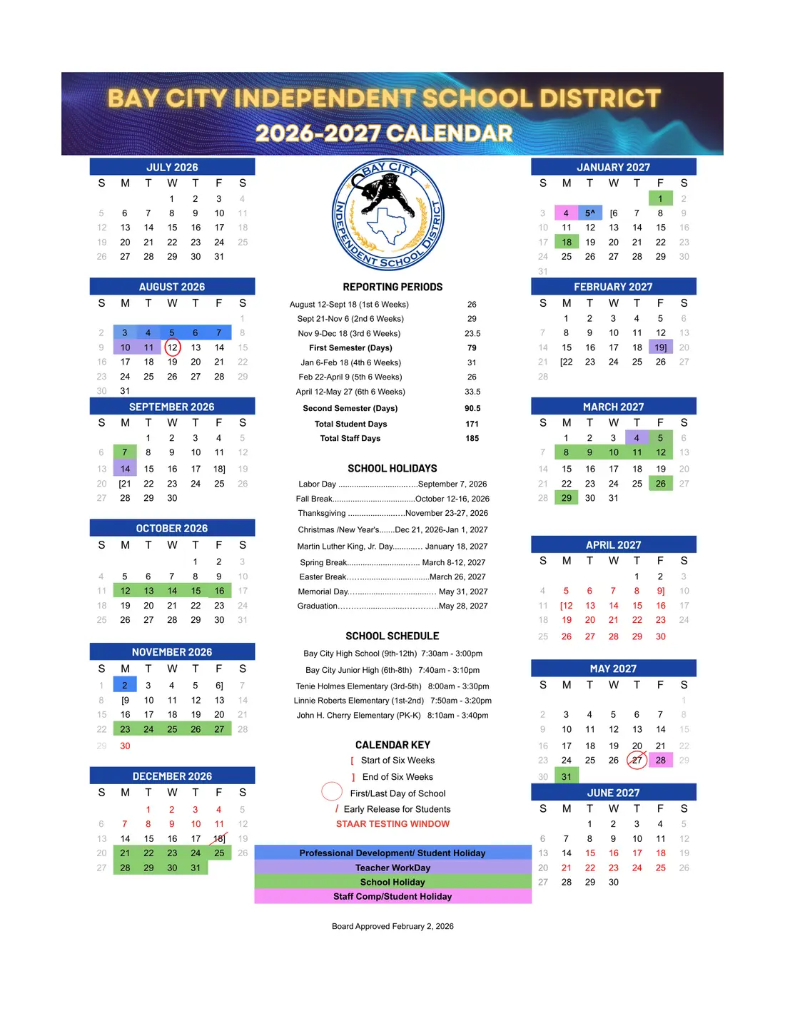 Bay City ISD 2026–2027 academic calendar