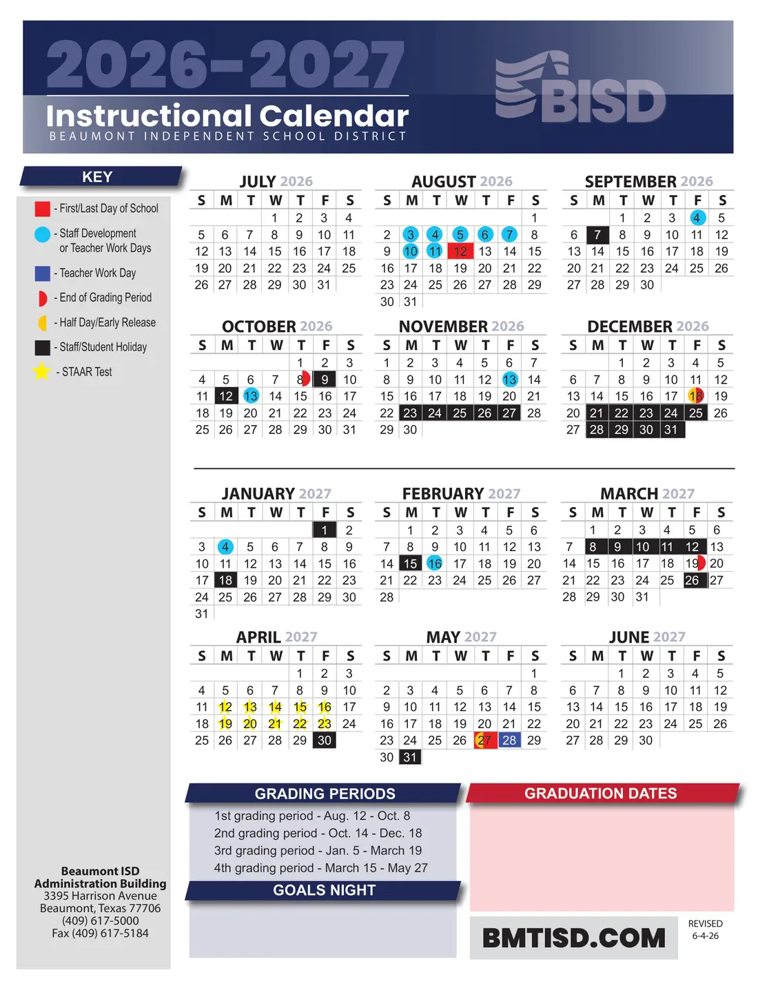 Beaumont ISD 2026–2027 academic calendar