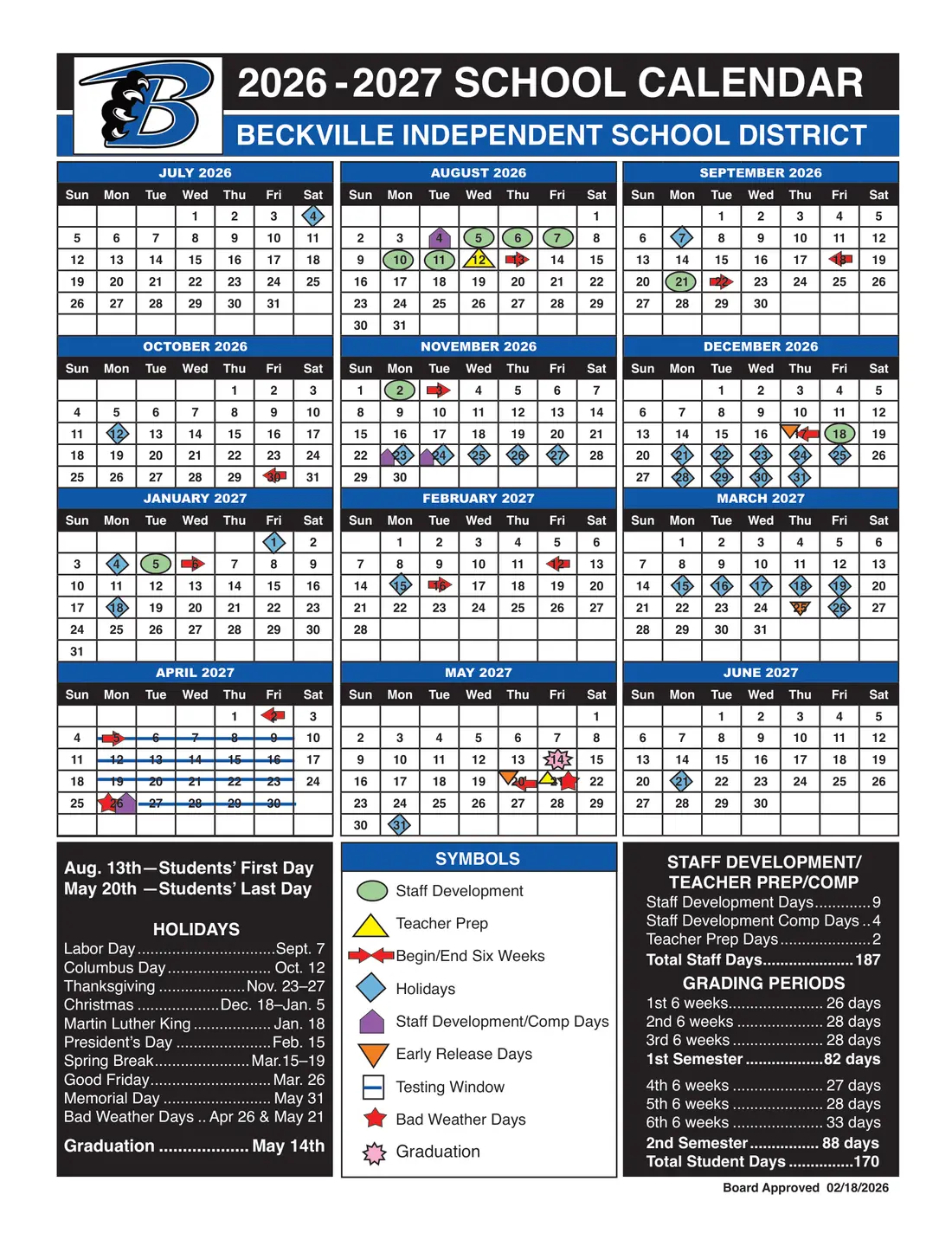 Beckville ISD 2026–2027 academic calendar