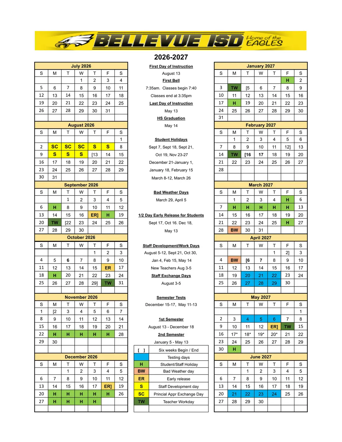 Bellevue ISD 2026–2027 academic calendar