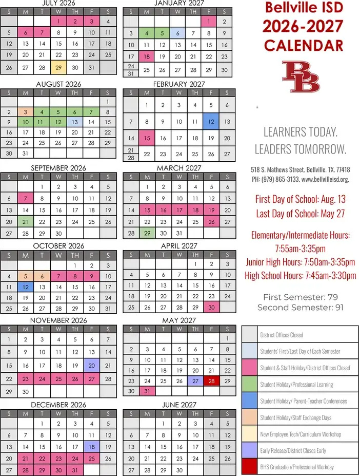 Bellville ISD 2026–2027 academic calendar