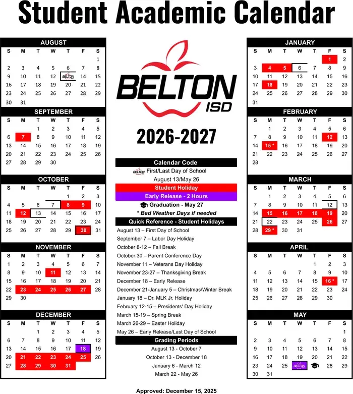 Belton ISD 2026–2027 academic calendar