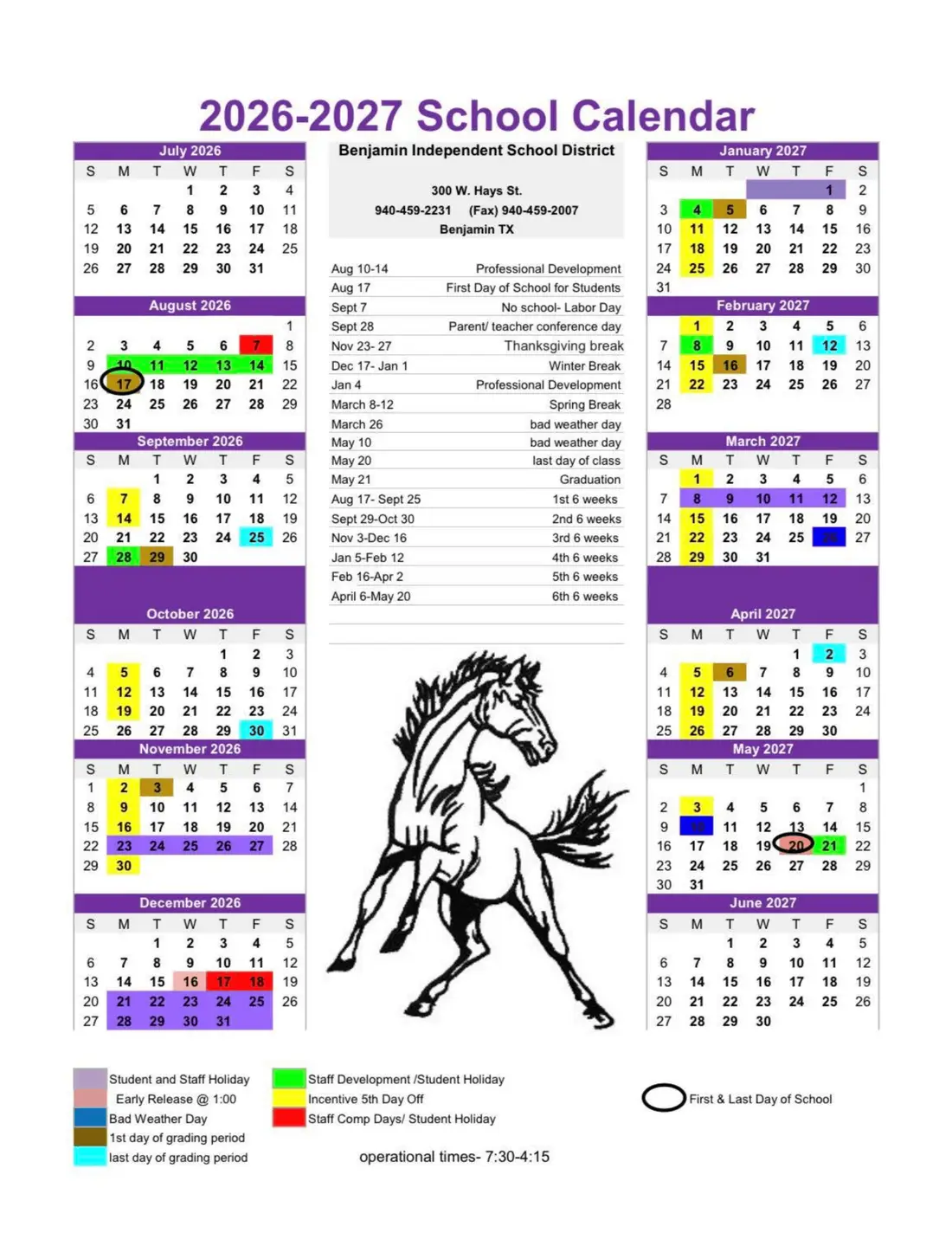 Benjamin ISD 2026–2027 academic calendar