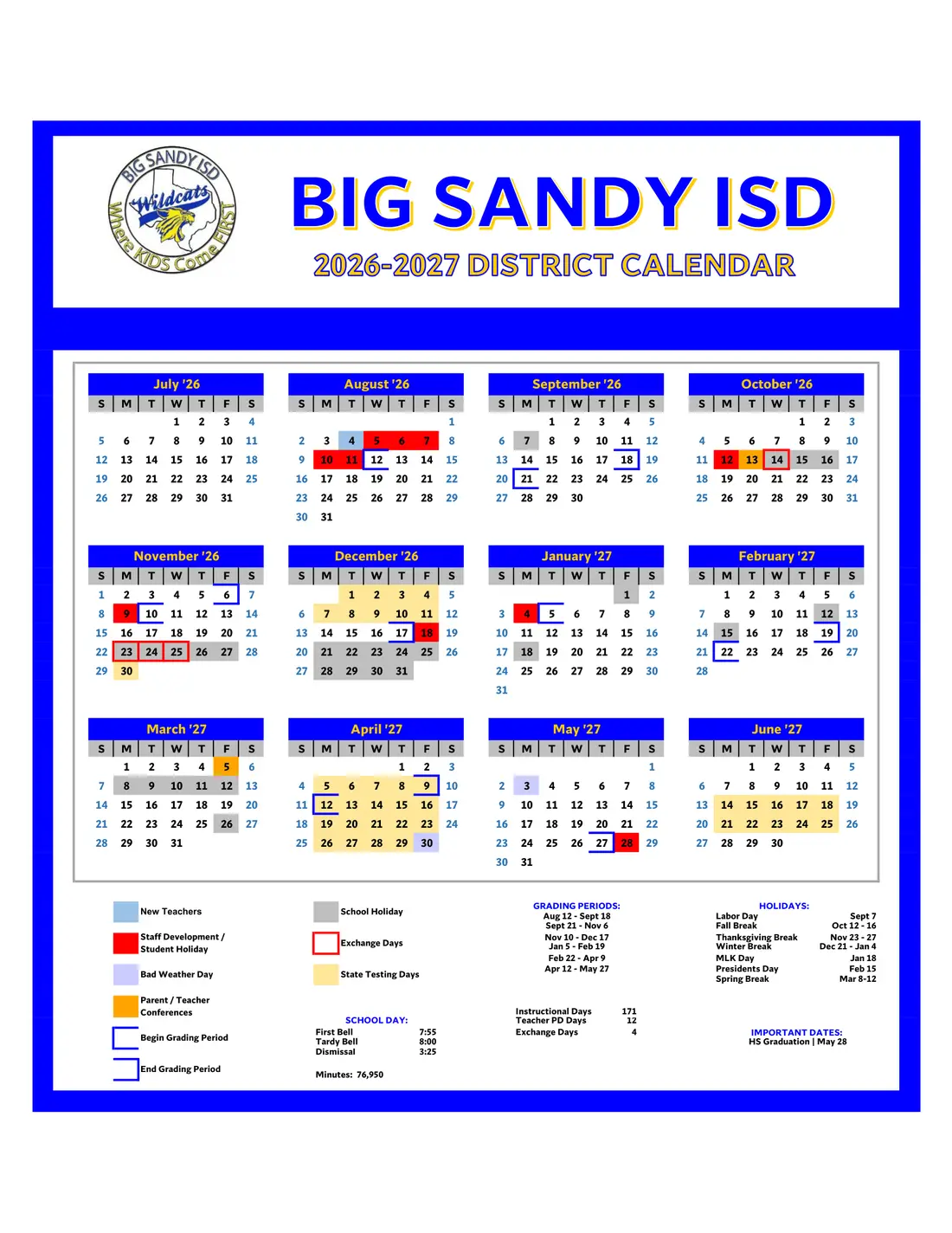 Big Sandy ISD 2026–2027 academic calendar