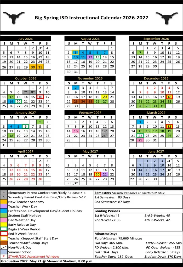 Big Spring ISD 2026–2027 academic calendar